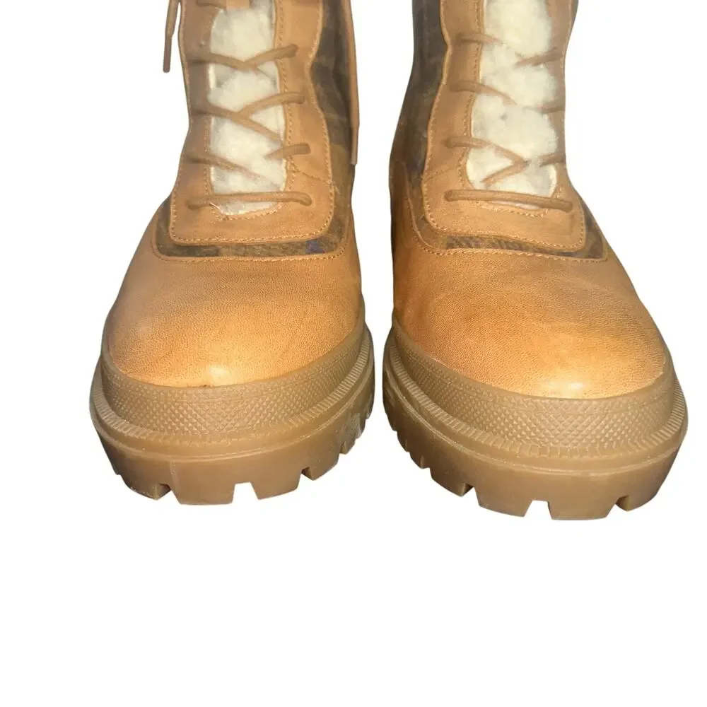 Lucky Brand LP-EDIVE Plaid Faux Fur Lace Up Lug Sole Boots Tan Brown Sz 10
